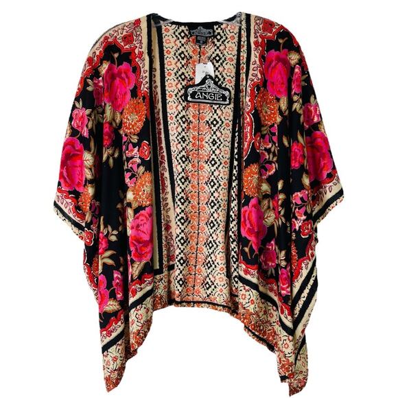 NEW Angie pink black red floral boho cropped open kaftan medium - Picture 1 of 7
